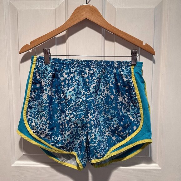 Nike Women's Running Shorts Dri Fit Lined Blue Yellow Size M - Picture 1 of 3